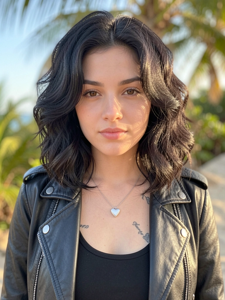Mulher de cabelo cacheado volumoso em corte wolf, jaqueta de couro preta e pingente de coração prateado, luz natural e fundo desfocado.