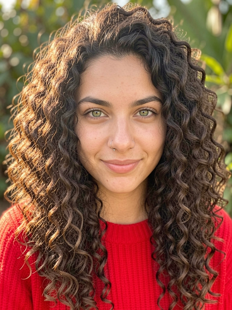 Jovem com cabelos crespos castanhos e olhos verdes, suéter vermelho, luz natural suave e fundo desfocado com verde.