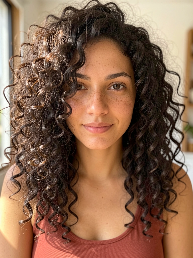 Close-up de uma mulher com cabelos cacheados escuros e volumosos, camiseta vermelha ferrugem, fundo desfocado com luz natural suave.