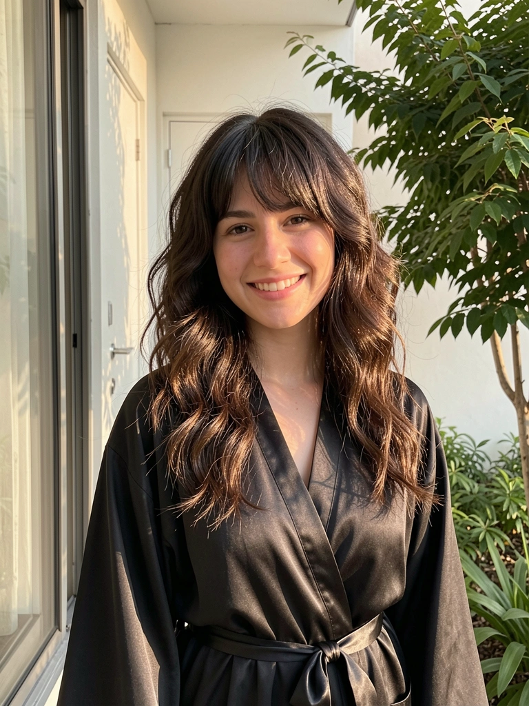 Mulher de cabelo castanho escuro volumoso em wolf cut, roupão preto acetinado, janela com folhagem verde, luz natural difusa.