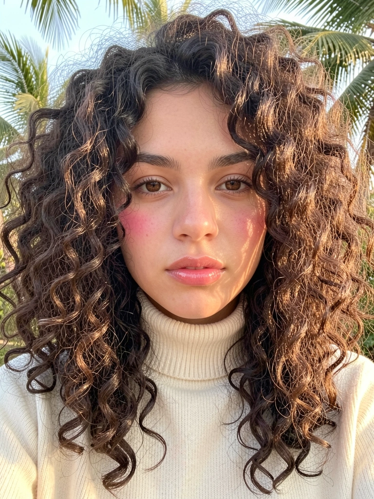 Jovem com cabelo cacheado escuro em corte wolf cut, suéter creme, luz natural difusa e fundo com luz tropical.