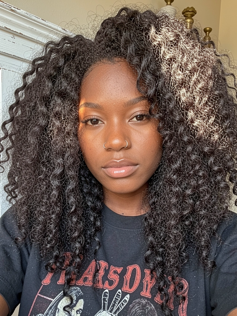 Jovem negra com cabelo crespo volumoso, brinco dourado e camiseta de banda vintage, iluminada por luz natural suave.