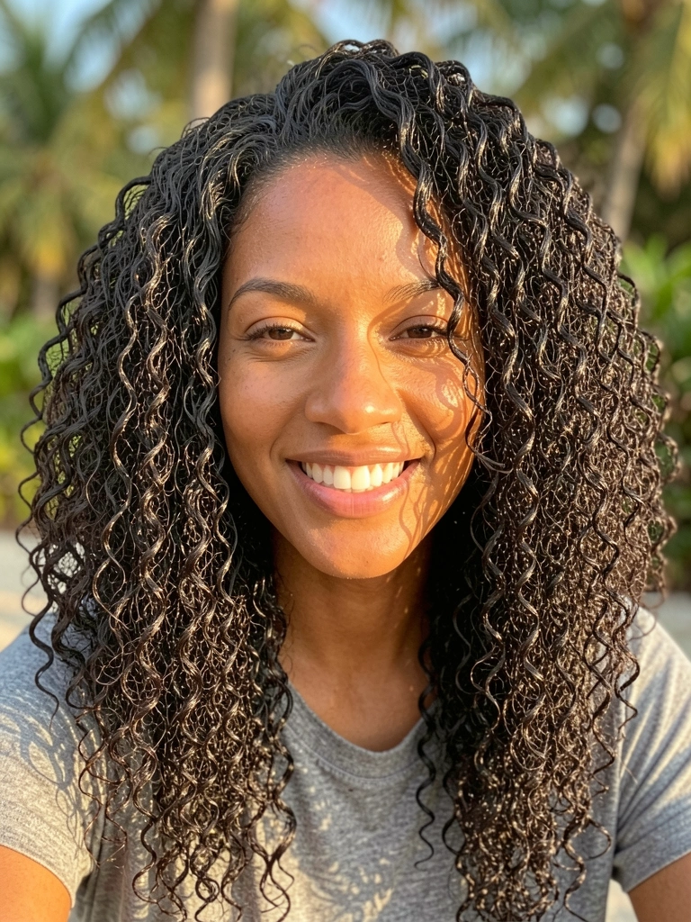 Mulher de cabelos crespos volumosos e pele dourada sorri com luz natural difusa e fundo verde desfocado.