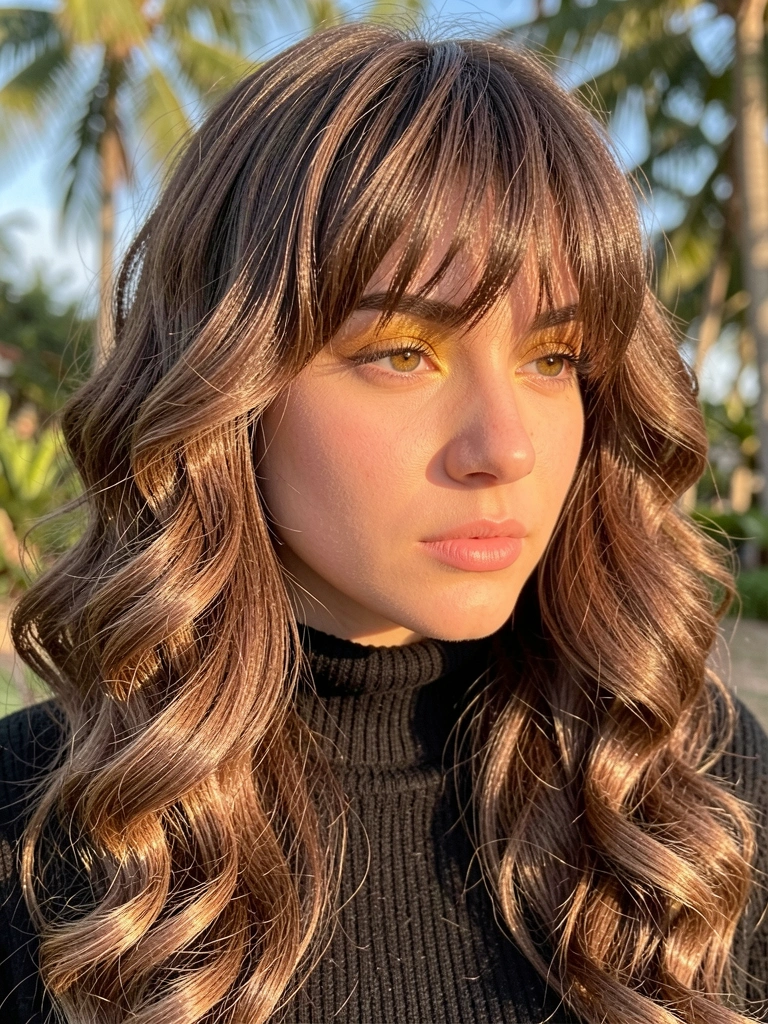 Mulher de cabelos castanhos ondulados em corte wolf cut, suéter preto de gola alta e sombra amarelo-dourada, luz natural suave.