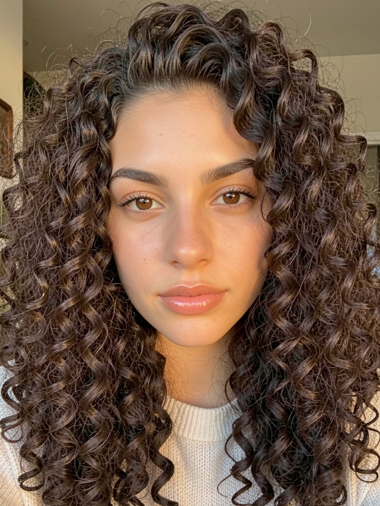 Jovem com cabelo cacheado volumoso, olhos castanhos e maquiagem natural, iluminada por luz natural suave em ambiente interno.