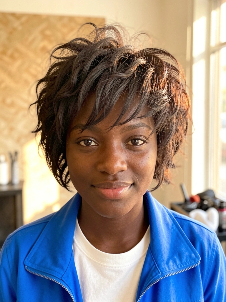 Mulher negra de cabelo cacheado cortando o cabelo em wolf cut, jaqueta azul vibrante, luz natural de dia, fundo de parede texturizada levemente desfocado.